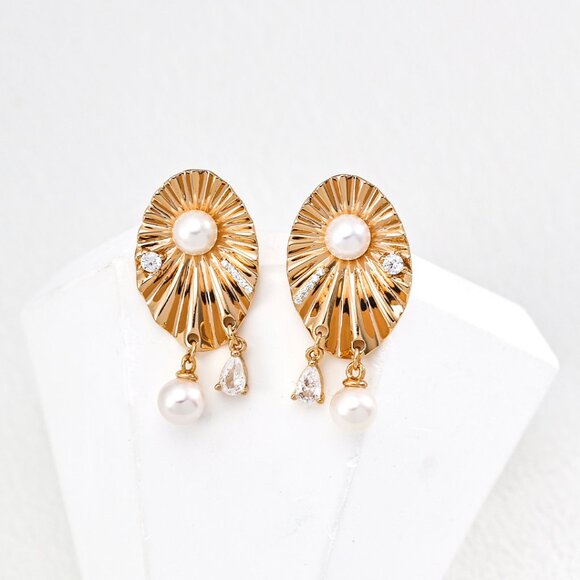 ✨ Art Deco Fan Pearl & Crystal Drop Earrings ✨ Handmade Original Design - Picture 1 of 4